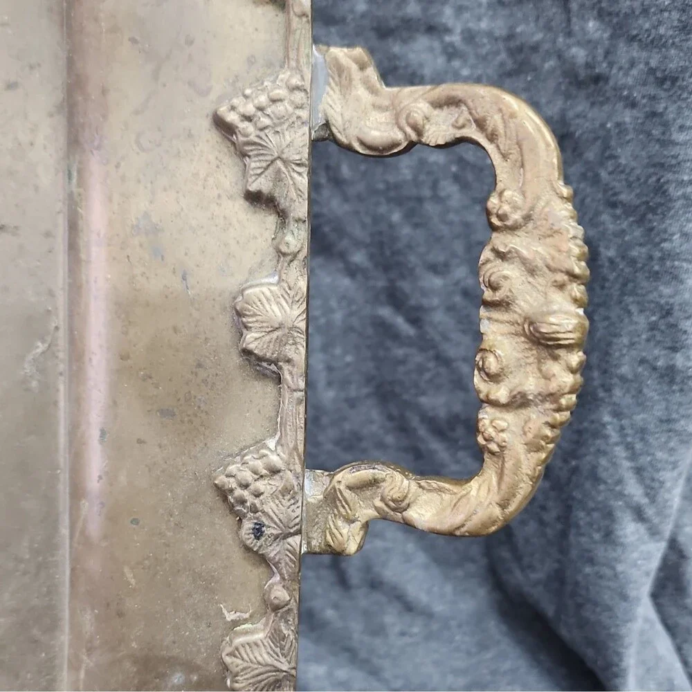 Brass (?) Rectangular Serving Tray w/ Handles Grapevine/Floral Pattern 24 x 14.5